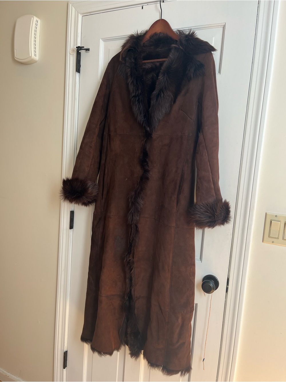 Banana Republic Brown Suede Long Trench Coat with Fur Trim